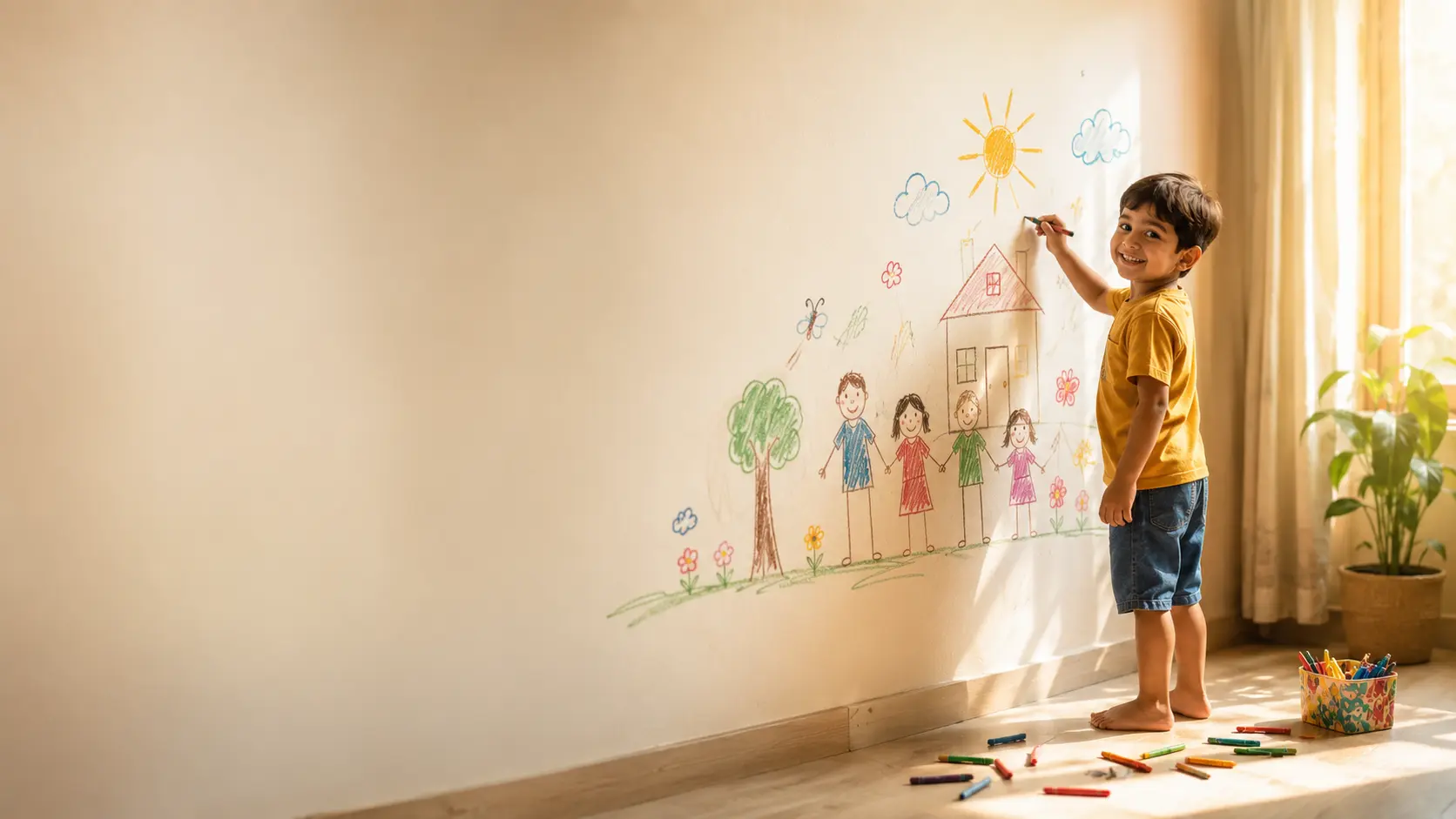 Child drawing family home on wall - DilSeStyle Idea Input