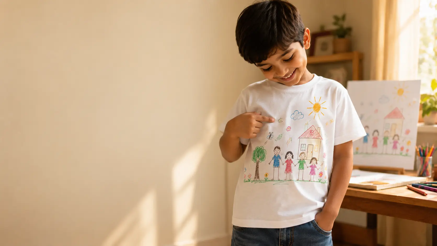 Child proudly wearing custom printed drawing on T-Shirt